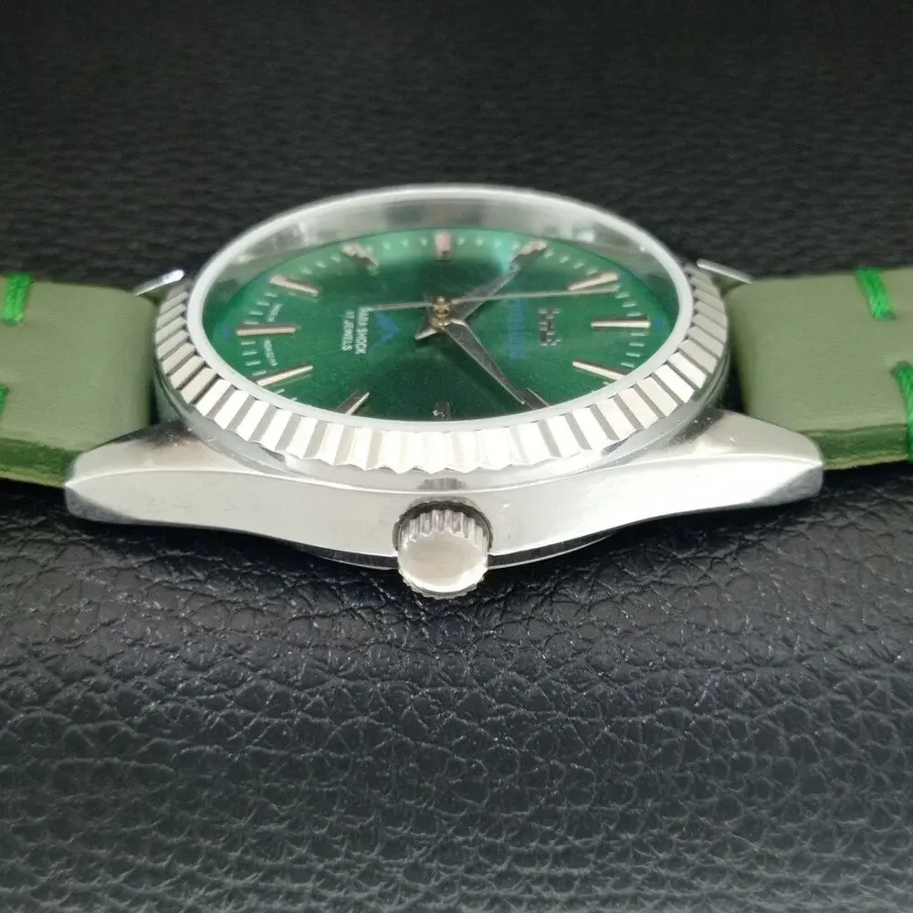 Vintage 1985 HMT Manual Wound Mens Silver Watch & Green accents